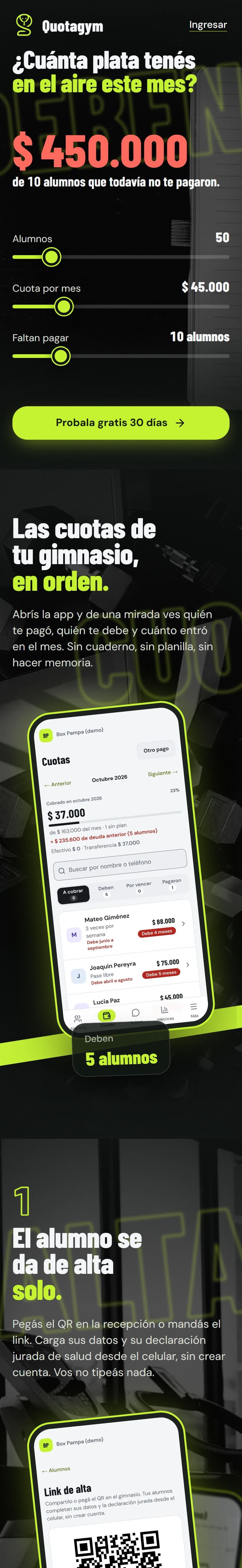 Captura de la página de Quotagym en el celular