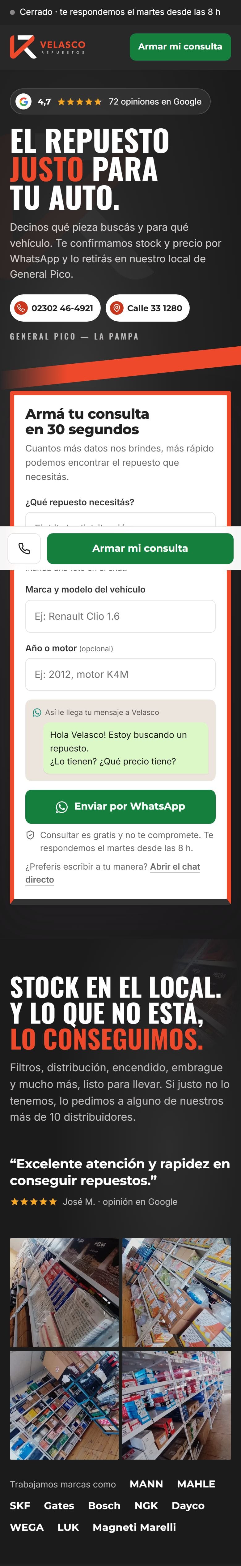 Captura de la página de Velasco Repuestos en el celular