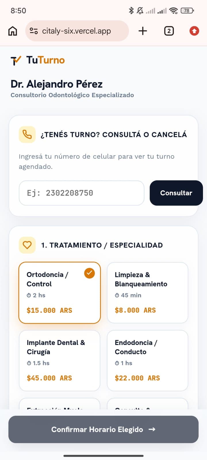 Pantalla de TuTurno eligiendo tratamiento y precio