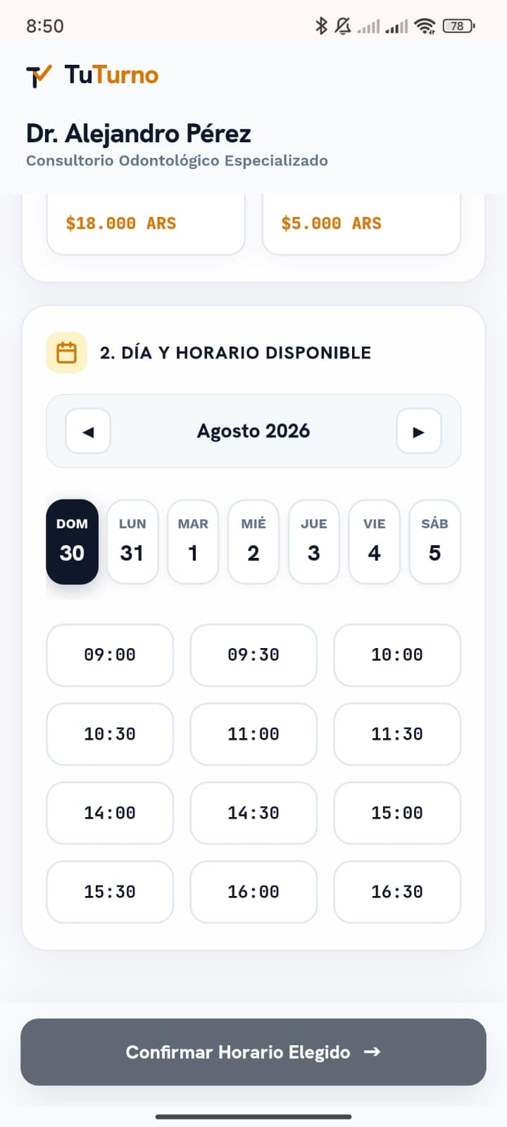 Pantalla de ProntoTurno eligiendo día y horario disponible