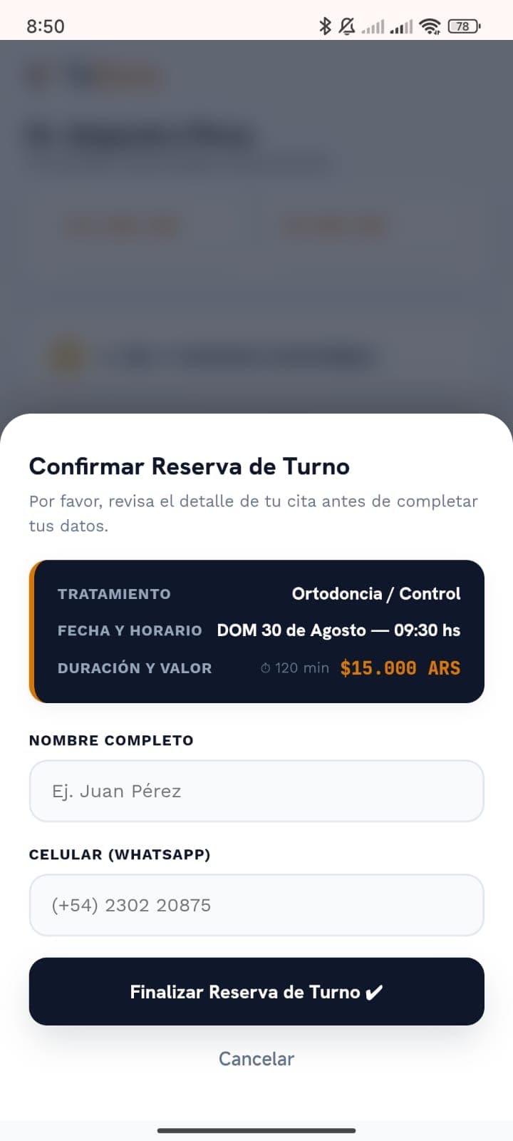 Pantalla de ProntoTurno confirmando la reserva del turno