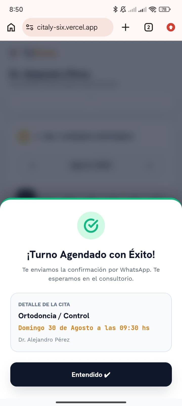 Pantalla de ProntoTurno con el turno agendado con éxito